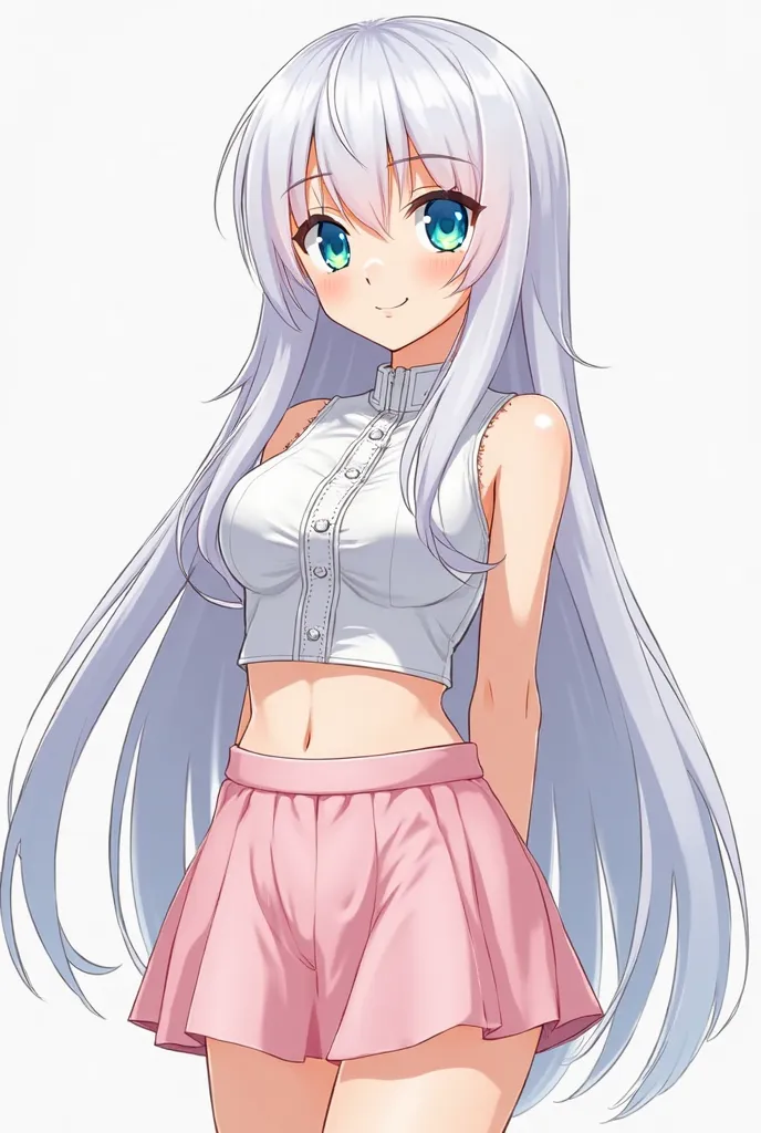 Draw the character Tristan Liones in a female version in anime style , She has long white hair with fringes and one eye is blue and the other eye is green ,  measures 1,63 but add large chest with small waist and medium large hips and a clothing style with...