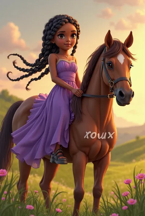 Une fille métisse avec des tresses avec un cheval et la fille porte une robe violette je veux sur le cheval écrit roux