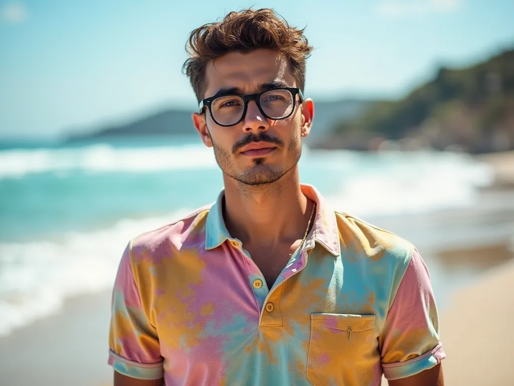 a man wearing a polo shirt with random colors each image generated, wearing glasses, looking cool, facing forward, facing the viewer, half body, beach (blur 2.0) background