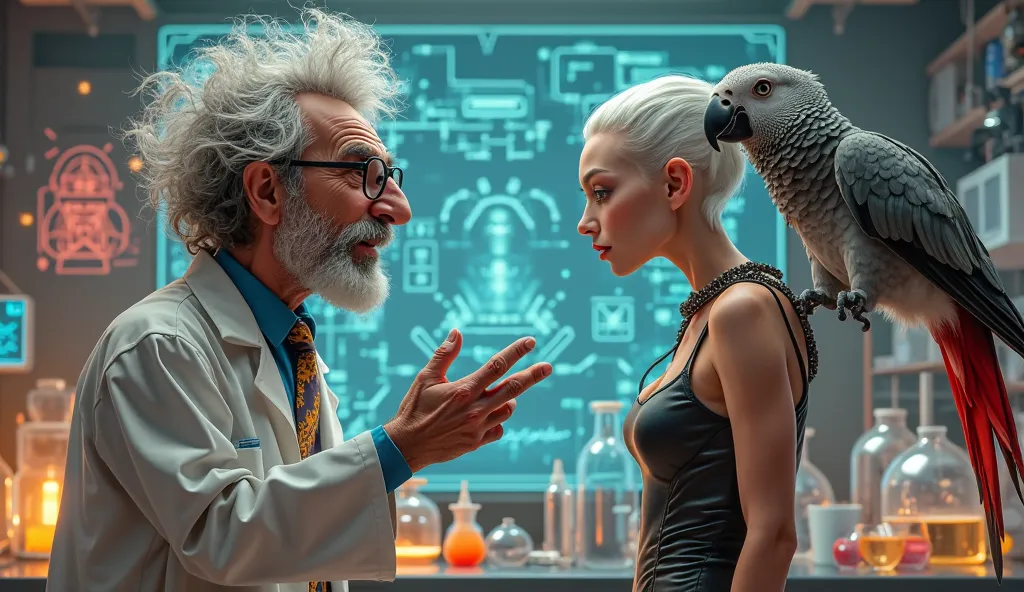 create a german si fi comedy chracter prof Klaus Wunderlich with beautiful alien lady in tight outfit along with a grey parrot who can talk in a science lab 