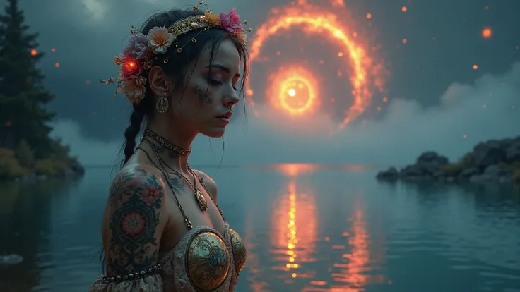  Bright light on face and body, A stunning clockwork cyborg flower lady, barely clad in wisps of fine cloth and tatoos beside a lake looking at her reflection  , ((reasonable Nudity and tray up cut clothing )),((shirtless,)), ((Stunning slavic lady)) high ...