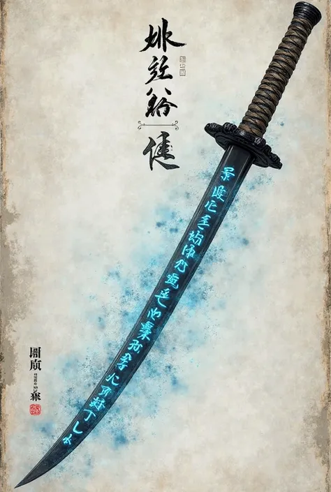 A long curved japanese katana, Kurogami-no-Kotodama ('Spirit of Black Words'). The silver-white blade has glowing kanjis with bioluminescent blue light that shift like living ink. The hilt is wrapped in ancient scrolls sealed with black wax, and the tsuba ...