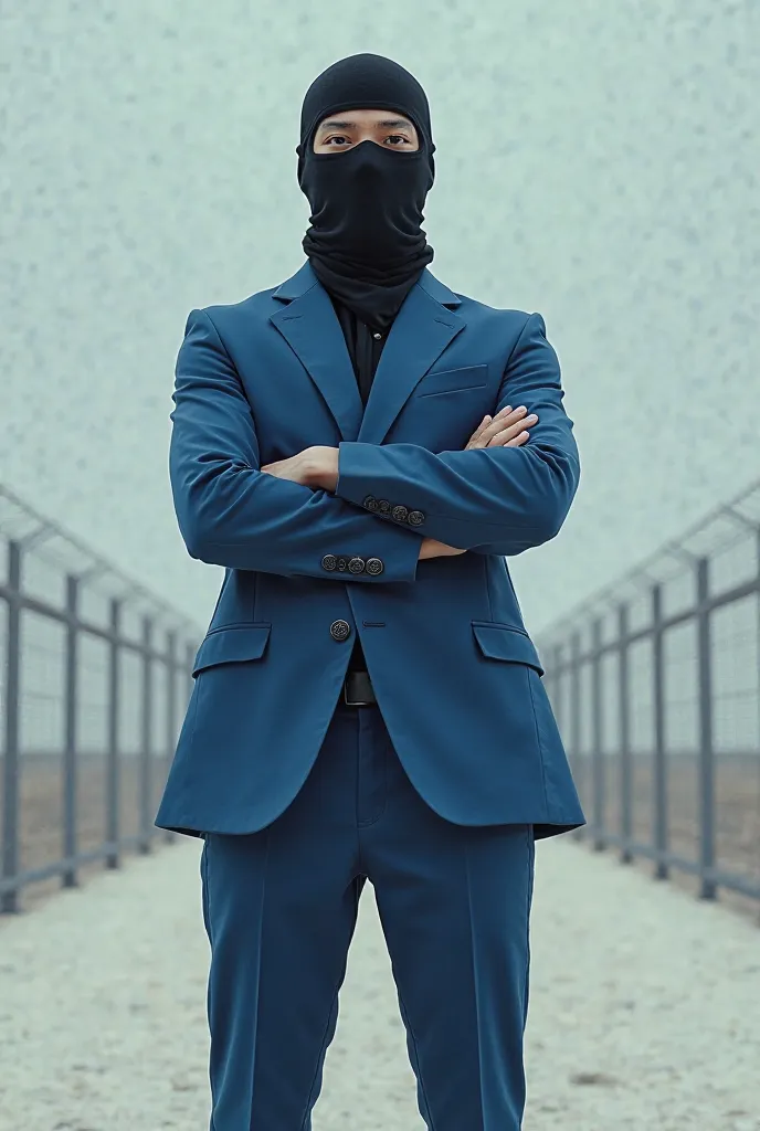 A tall man in a blue suit and black balaclava with his arms crossed at his sides and a bottomless fence 