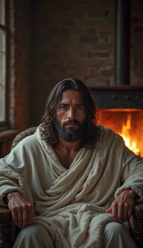  An ultra-realistic representation of Jesus in 4K, with a tired face. Jesus is looking directly into the camera, front view, front view. Jesus is wet, sitting in a simple armchair,  wrapped in a cold blanket. In the background a simple room with a burning ...