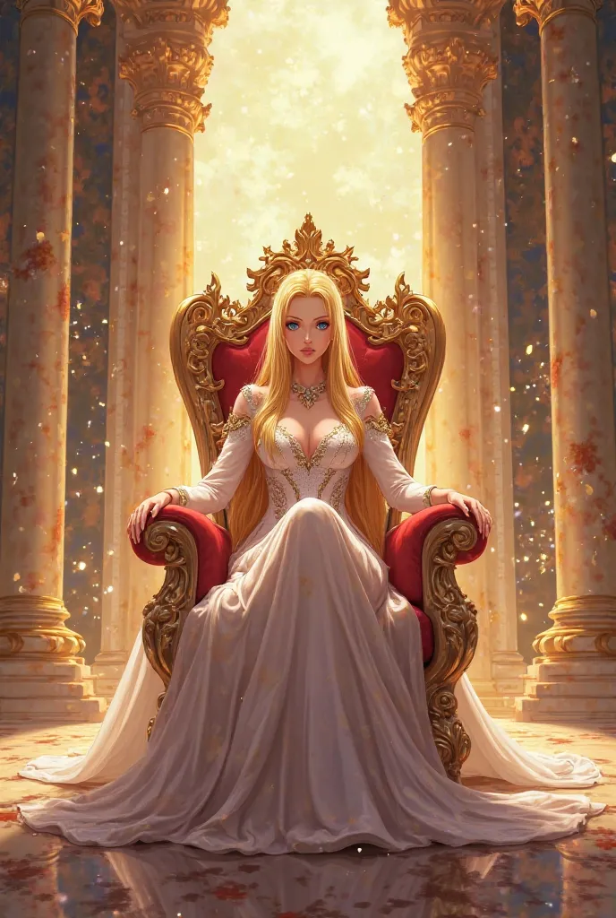 Create an image of a blonde queen sitting on her throne in her anime-style palace 