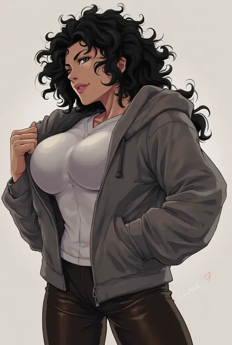 1 , Alone, breasts, black hair, Hair Ornament,  mouth shut, curly hair, breasts grandes, anime, simple bottom, toys, Lips slightly separated, Black Woman,  without realism , Sweatshirt jacket , short legging, Strong shirt, poorly defined muscles,  differen...