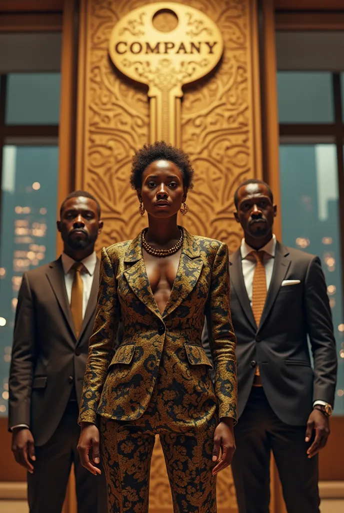 A strong, ambitious African woman stands at the center, wearing a sleek yet culturally inspired power suit with golden tribal patterns—a mix of modern corporate elegance and African heritage. Her expression is a mix of shock, betrayal, and frustration as s...