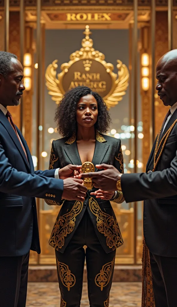 A strong, ambitious African woman stands at the center, wearing a sleek yet culturally inspired power suit with golden tribal patterns—a mix of modern corporate elegance and African heritage. Her expression is a mix of shock, betrayal, and frustration as s...