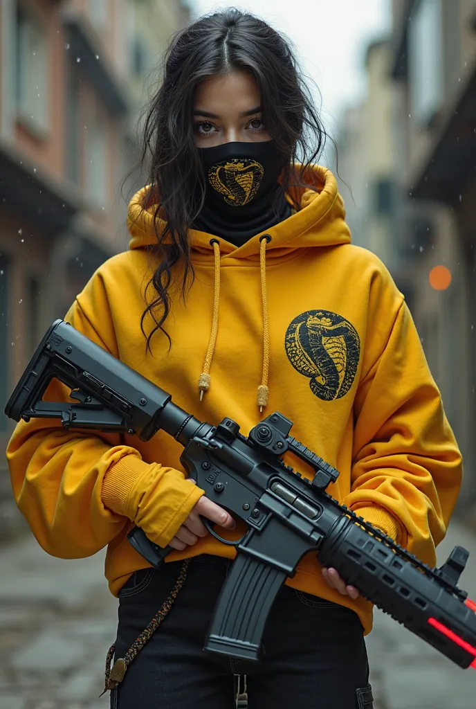 an 18 year old girl, wearing a yellow and black mask that covers her mouth, with a yellow and black sweatshirt, black mercenary style jeans, yellow combat boots, she is holding a technological weapon that has a red neon capsule, next to the sweatshirt ther...