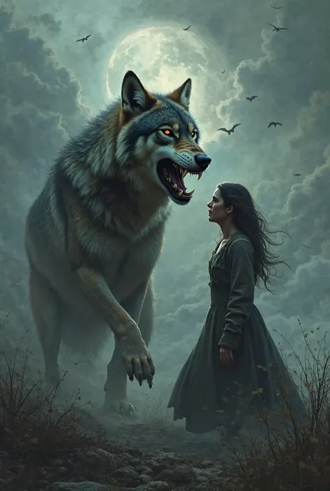 A terrifying wolf against the weeping woman