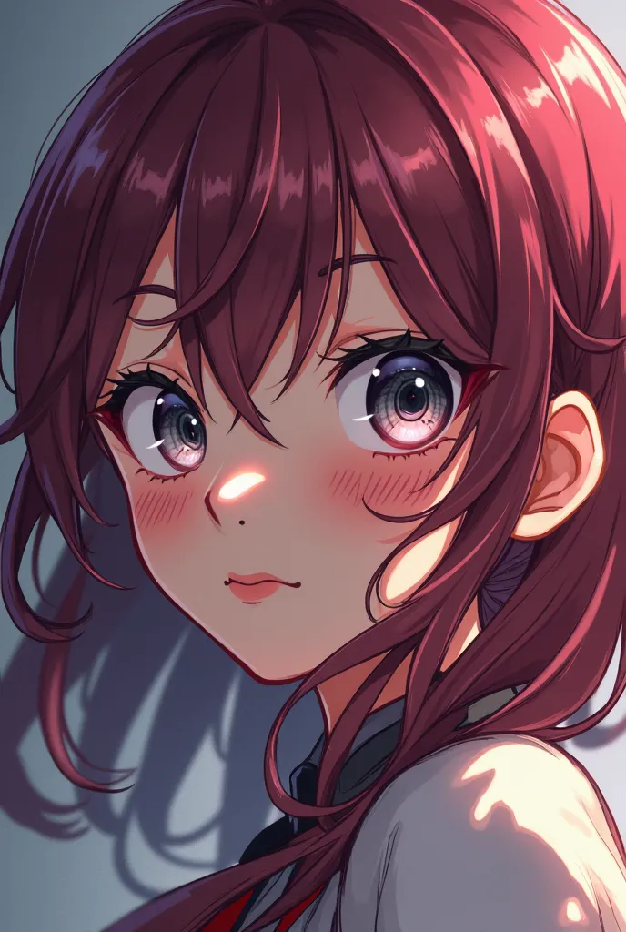 Animated girl with burgundy hair and silver eyes with scar on her face 