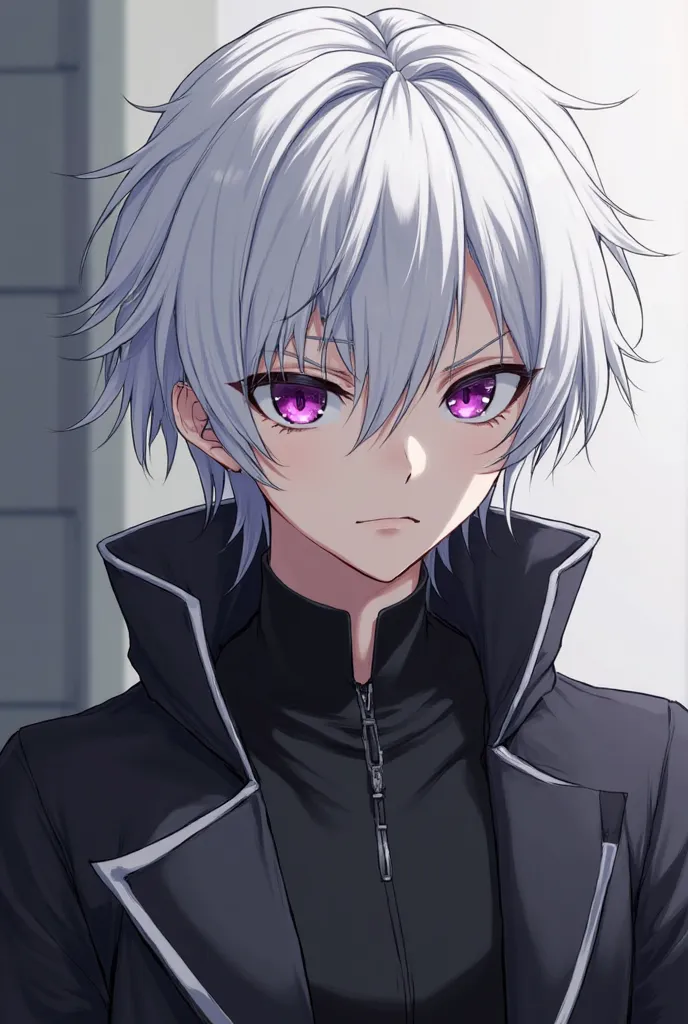 "Create a male anime character with white hair, in the style of Bell Cranel, but of medium length, neither too short nor too long. His eyes should be purple, and he should have an expression on his face that combines a dark and sad countenance, with a look...