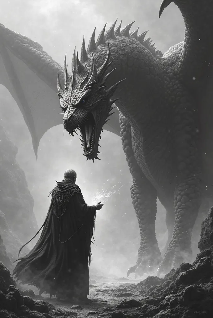 Wizard and dragon black and white