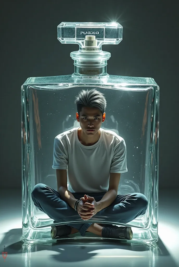 An indonesian handsome man, grey undercut hair,casual outfit, The man is sat (posisi sila)
Whole body is (INSIDE)cube Bottle of big glass parfume . The farfume glass brand is , "PUASA" loggo.
Natural,hyper realistic ,ultra hd