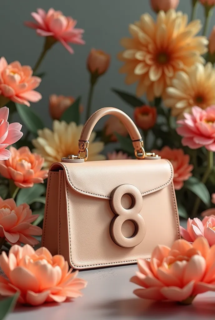 Number eight on a background of flowers in the foreground is a small beige handbag 