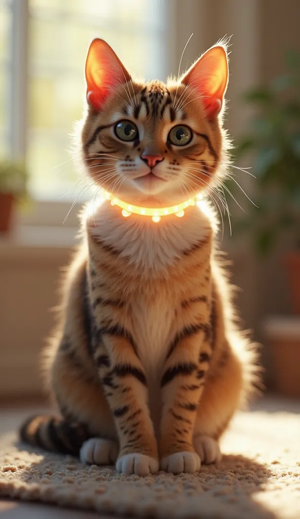 sitting cat wearing a glowing collar, Ultra realistic in daylight