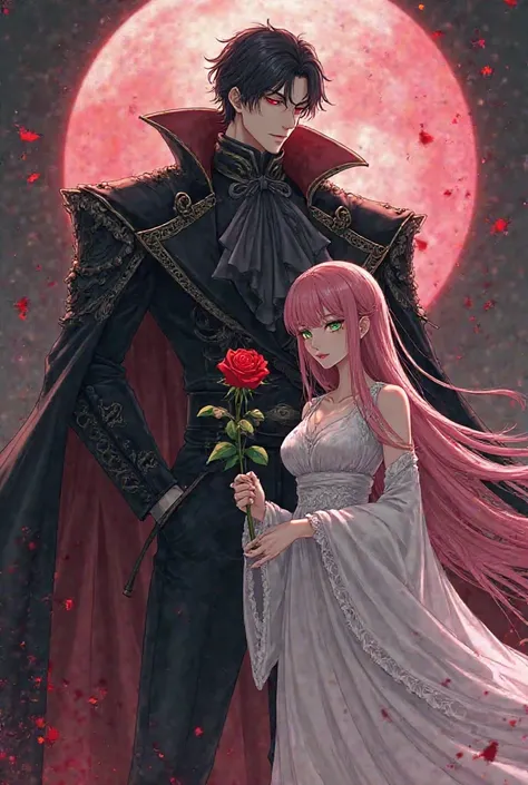 A huge anime man with muscles and a royal black outfit. He has sharp red eyes and beautiful white skin with a blood red rose, and a girl with green eyes, fair skin, long pink hair and a white dress.

