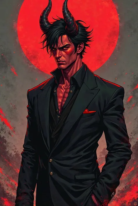 Make me a black-haired man, , a pair of red horns, Red skin, wearing a black suit with red details,  in anime style 
