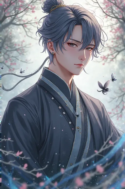 "male character, traditional ancient China style, dark gray or violet hair with subtle silver highlights, short textured hair with a slight undercut, elegant and fluid, sharp eyes, graceful yet strong build, wearing a traditional hanfu with insect-inspired...