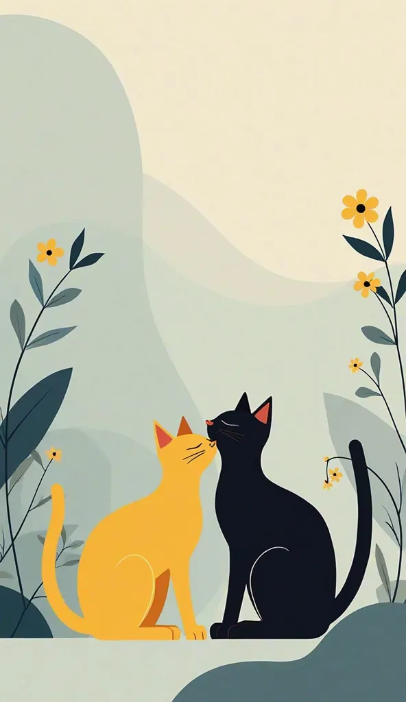 A 4K resolution, professionally designed flat vector art image, optimized for use as a phone wallpaper, featuring a prominent flat design loving cats as the element, set against a cold-colored background that evokes a sense of serenity, with clean lines, m...