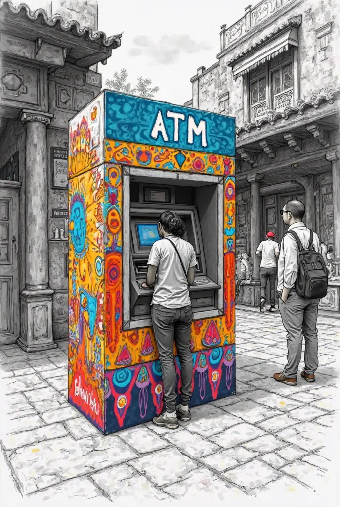 Close-up drawing where the ATM is decorated with Huichol art and that it is part of a place in a traditional Mexican market. All in black and white and in color only the cashier 