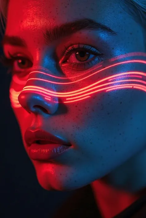 Ultra-realistic close-up portrait of a young woman with smooth, slightly freckled skin, illuminated by a futuristic neon light projection. The red neon light forms evenly spaced, curved parallel lines running diagonally across her face, starting from her f...