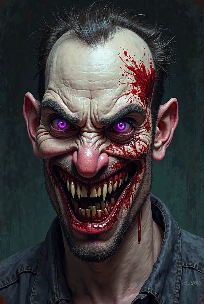 man,  with a big mouth ,  smiling, with bright purple eyes face covered in blood 