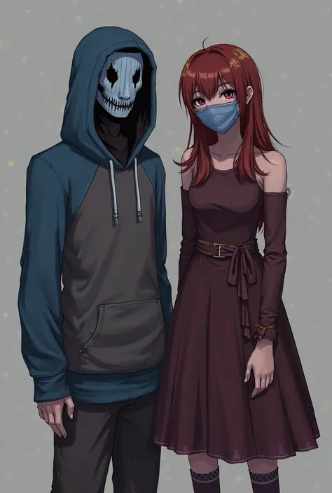 karoche, Eyeless Jack in a dark gray and blue hoodie with a hood,  he has brown hair, hood and he's wearing a blue mask with black eye sockets that flow out black liquid, the mask is like porcelain and completely smooth, unlike a monster, and Ophelia looks...