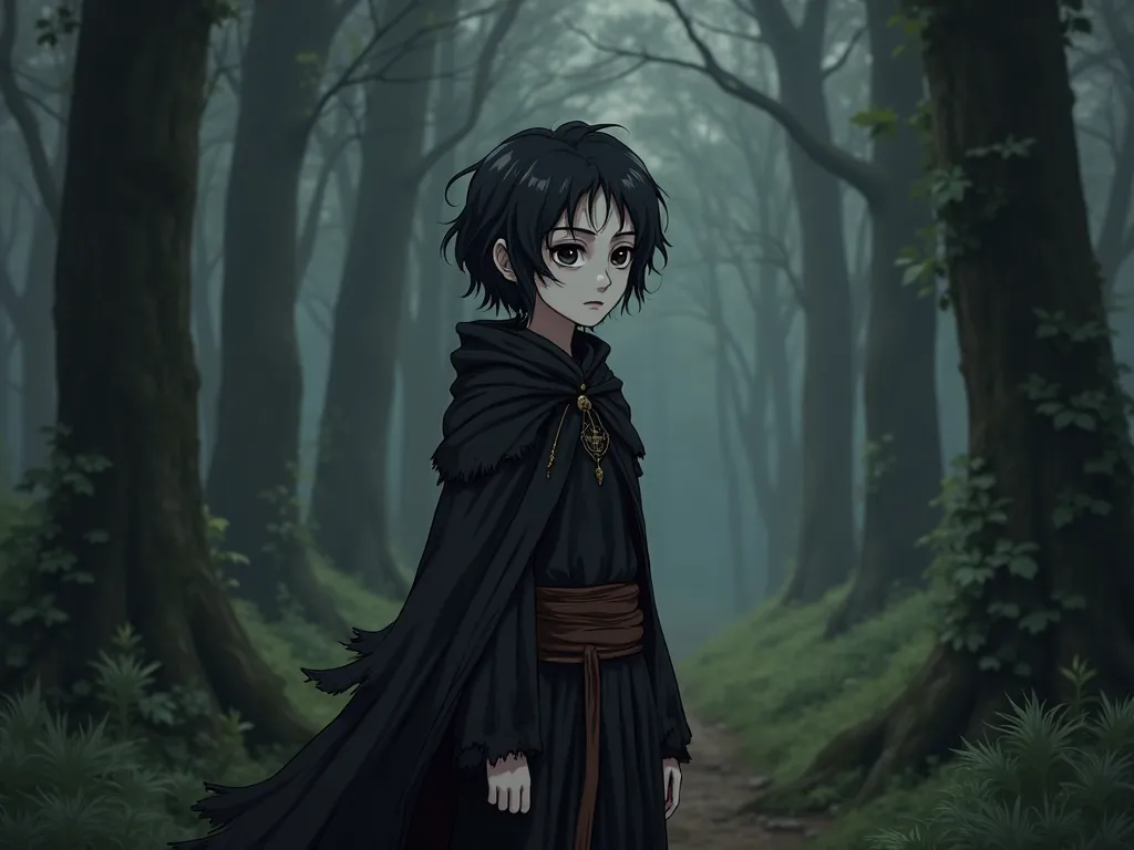 in the middle of a dark forest, A pale young man, with black eyes and deep dark circles but with a delicate face, thin, with black hair and a white section in the front has piebaldism in its bangs, The hair is straight and goes up to the length of the neck...