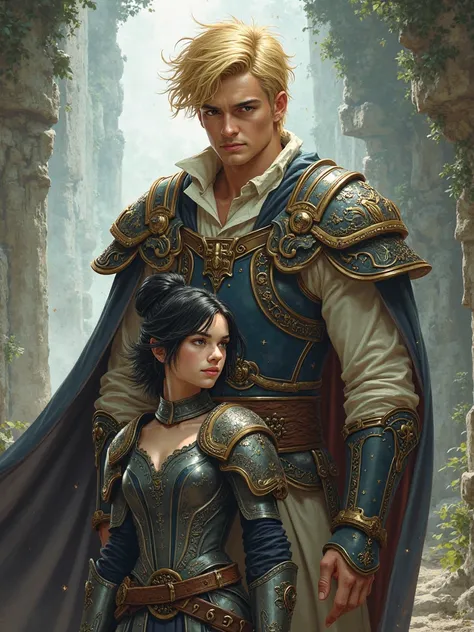 The guy prince blond has tall hair next to him 
Cute short girl Black hair  in armor with a sword 