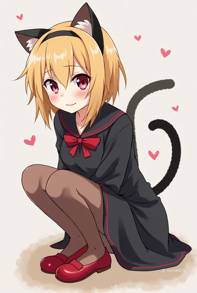 anime girl in black cat suit and red shoes sitting on the ground, an anime drawing by Ei-Q, pixiv, mingei, kagamine rin, the anime girl is crouching, anime pose, loli in dress, in anime style, anime moe artstyle, anime style character, lolish, in an anime ...