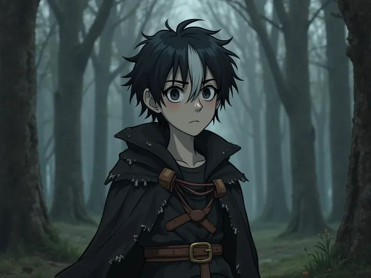 in the middle of a dark forest, A pale young man, with black eyes and deep dark circles but with a delicate face, thin, with black hair and a white section in the front has piebaldism in its bangs, The hair is straight and goes up to the length of the neck...