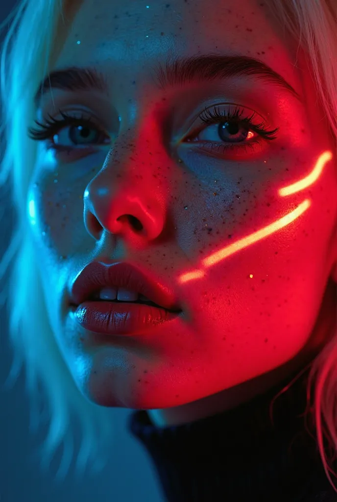 Ultra-realistic close-up portrait of a young woman with smooth, slightly freckled skin, illuminated by a futuristic neon light projection. The red neon light forms evenly spaced, curved parallel lines running diagonally across her face, starting from her f...