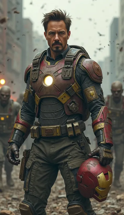 Marvel's Tony Stark with his armor chest and tactical clothing, Your helmet on your right hand looking like a survivor of a Zombie apocalypse walking toward the camera zombies in the background