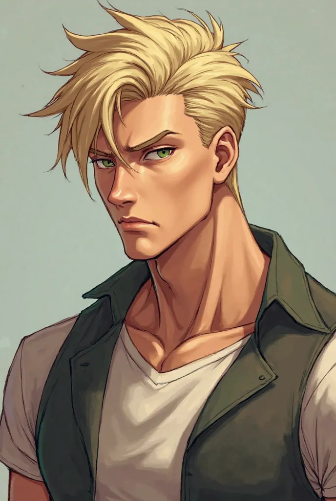 

> "light blonde hair, short and slightly messy hair combed back, a male character with sharp features. his face is thin and long and angular, there is a prominent jawline. his eyes are narrow and squinted, has a pale green color tone and has a tough expr...