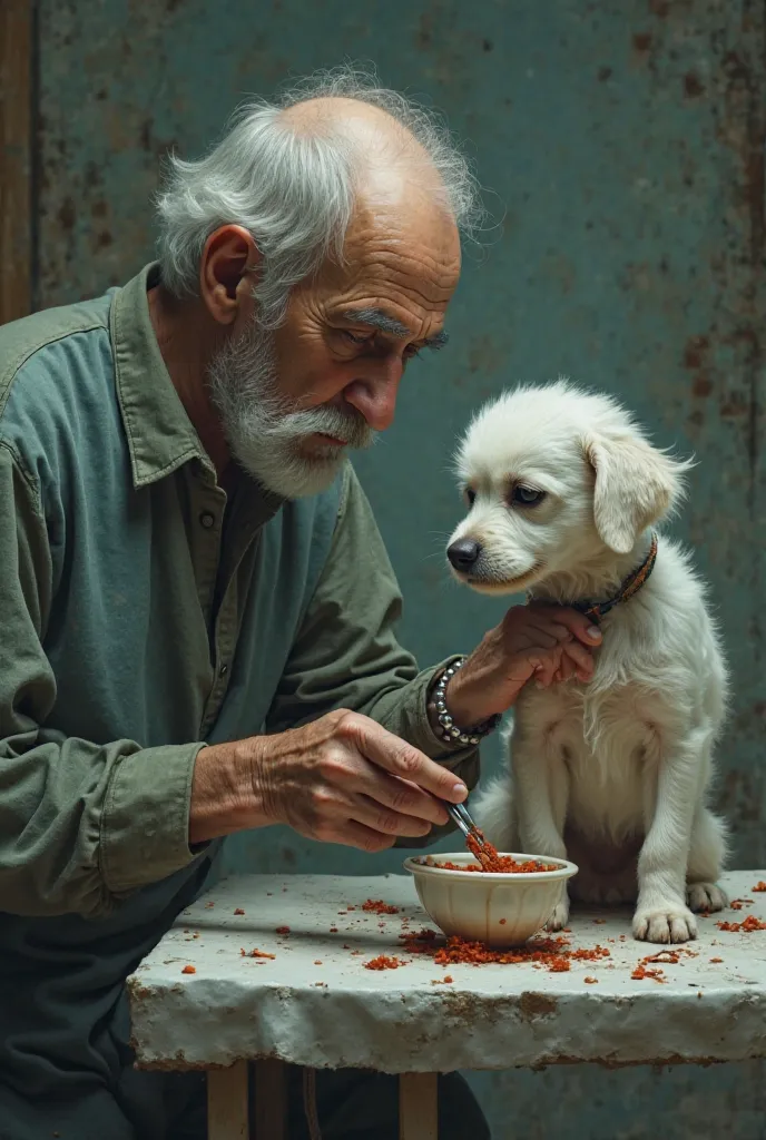 An old man helps a small white dog in a sanatorium. He has wounds and infected holes. He removes worms from them using tweezers and puts the worms in a small bowl.