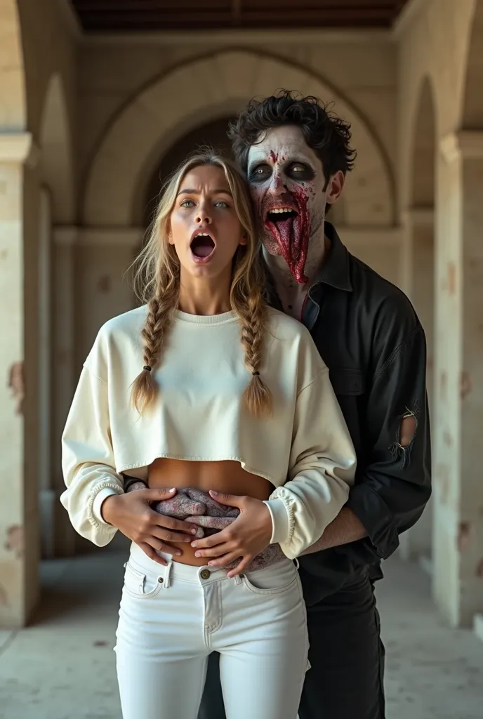 A portrait of a couple standing together in a castle breeze way. A distressed young skinny woman screaming in anguish. she has medium length beach blonde hair in a full French braid style which begins at both sides of her forehead and down the sides of her...