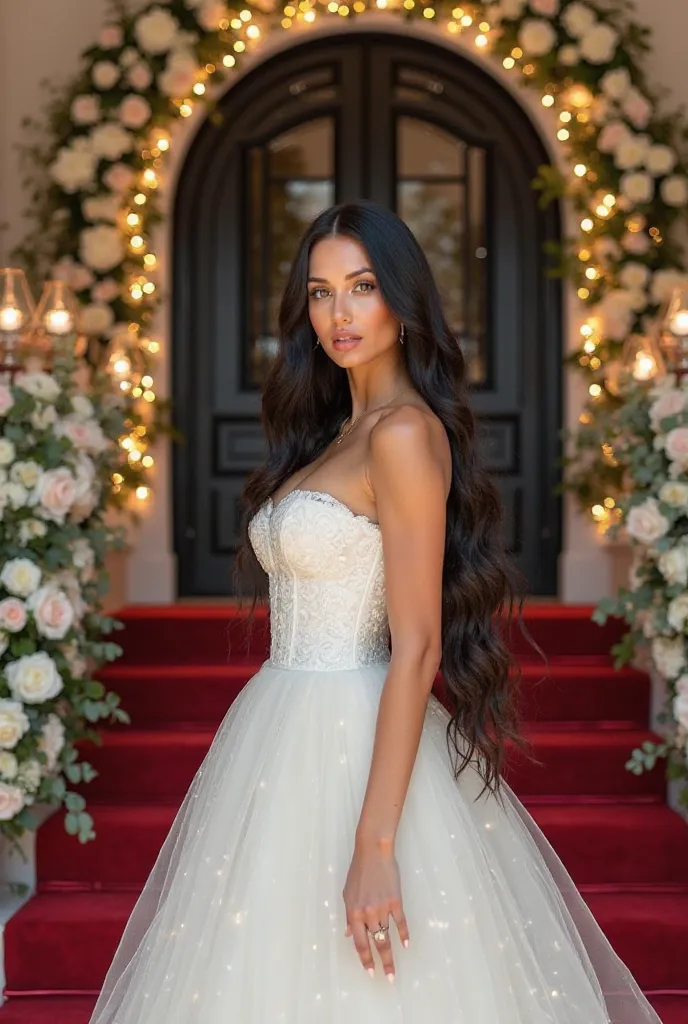 Gisele, light and illuminated skin  ,  very long black hair , green eyes angelic face, big breasts and butt, wearing a white corset dress with white roses,in an elegant entrance with an arch of flowers and organic LED lighting with a name "butterfly ".  Th...