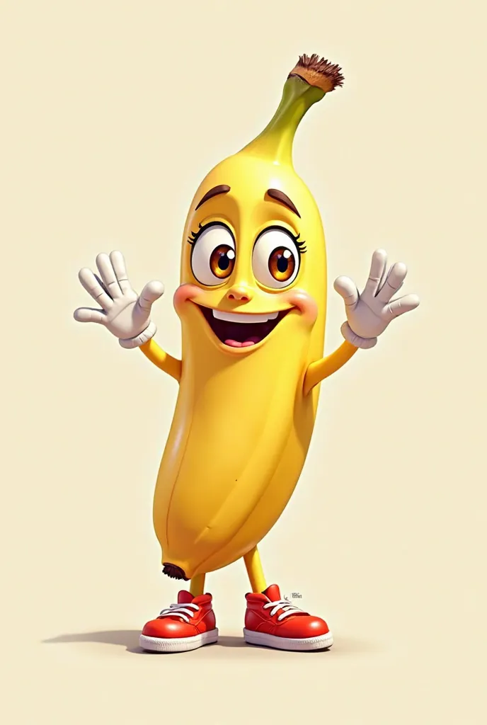 Create an avatar of an anthropomorphized banana with a humorous look. The banana must have an expressive face, including large and vibrant eyes,  thick, arched eyebrows , a small nose and a smiling mouth. The expression should convey joy and sympathy.  

B...