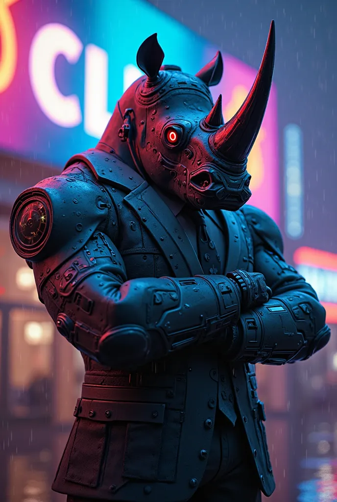 ((Ultra-realistic, cinematic full-body shot of a towering Mecha Rinoceronte, clad in full professional security gear, standing at the entrance of a neon-lit nightclub. His cybernetic frame is massive, covered in matte dark gray plating with titanium reinfo...