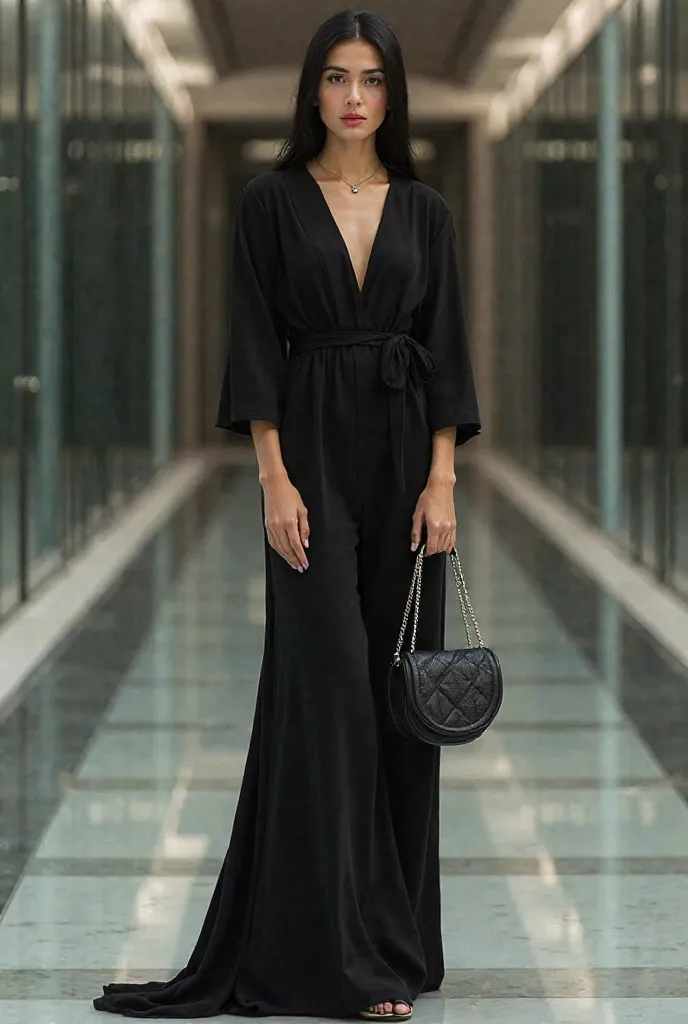 A full body view of a beautiful french with bright fair glossy shiny skin and freckles model with black sleek hair(wearing  a black colour jumpsuit  baggy  holding a mini black 3d  semi circle shaped bag with both hands striking a stunning modelling fashio...