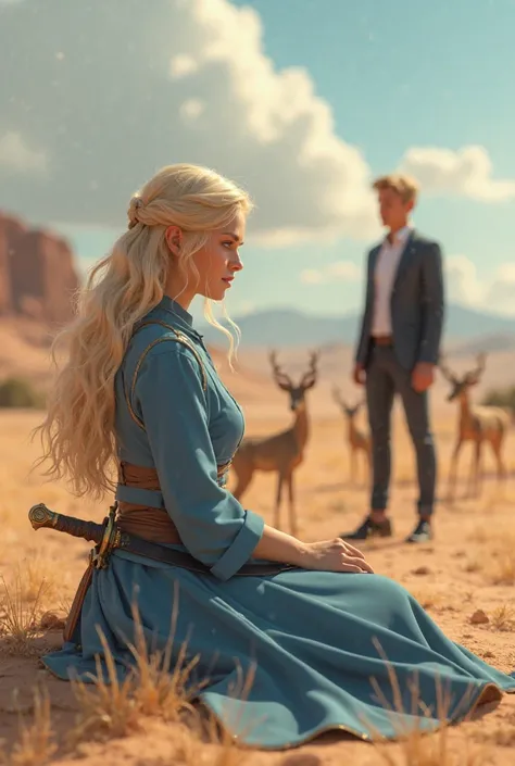 A beautiful blonde girl in a medium-length blue dress with medium-length sleeves with some cuts and a sword on her waist sits in the desert with some beautiful deer grazing behind her. A young man wearing a suit and handsome black shoes comes from afar and...