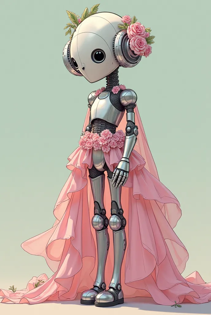 robot, stand jojo, Being a mechanic, the face of medieval armor, skinny full body image, wearing a flowery pink dress, And with a wig and bobs on his head, anime-style Jojo.