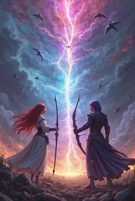 "In a dramatic, storm-torn landscape, Seraphina and Raven combine their formidable powers for a breathtaking display of magic and might. Seraphina, with her long red hair and elegant robe, channels her ultimate spell, 'Ultima,' as a brilliant beam of rainb...