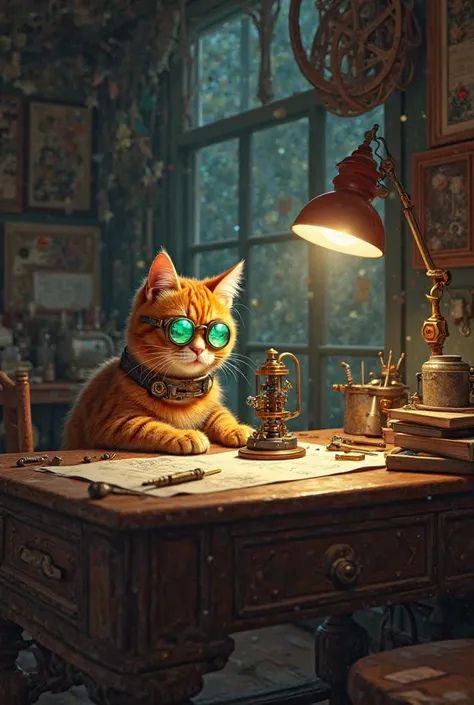  Prompt:
"A steampunk-style cat scientist in a dimly lit workshop. The cat, an orange tabby with green-tinted goggles, sits at a cluttered wooden desk filled with blueprints, gears, and books. A large desk lamp casts a warm glow over the workspace. The cat...