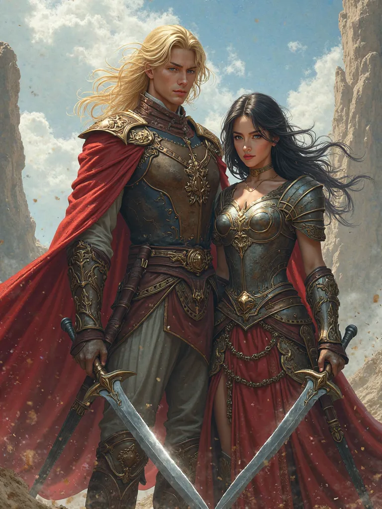 Prince blond guy tall hair standing next to a short girl Black hair  in armor with a sword 