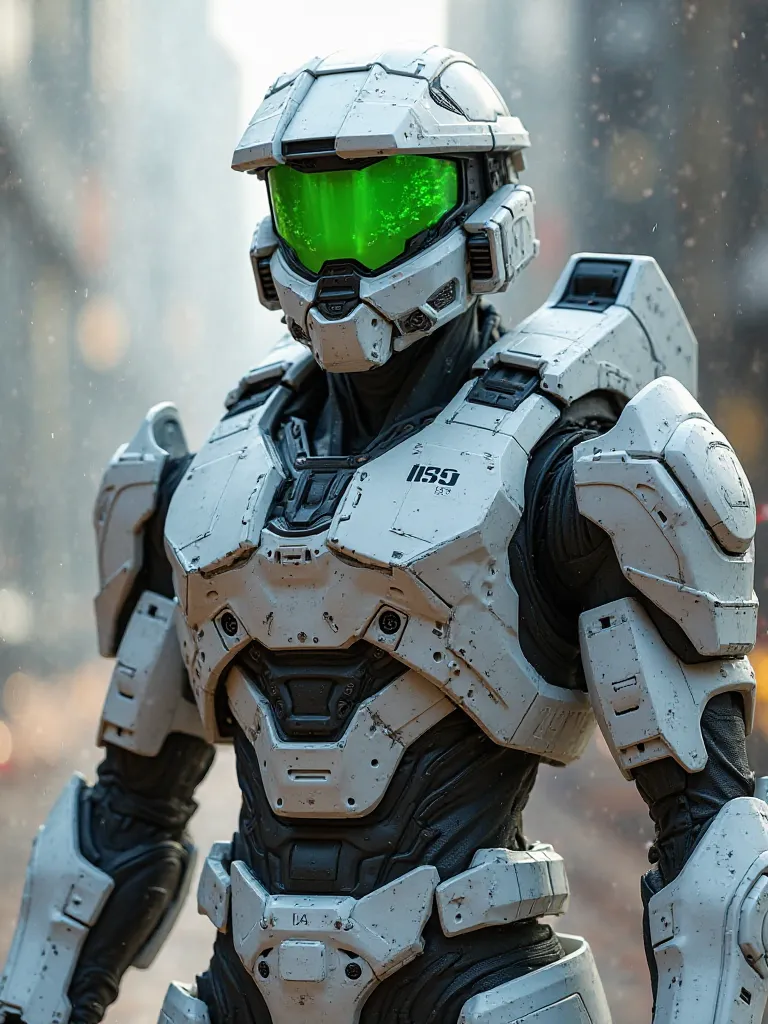 A Spartan armor from the Halo universe in white with a lime green visor, with the numbers 115 on the left chest area.