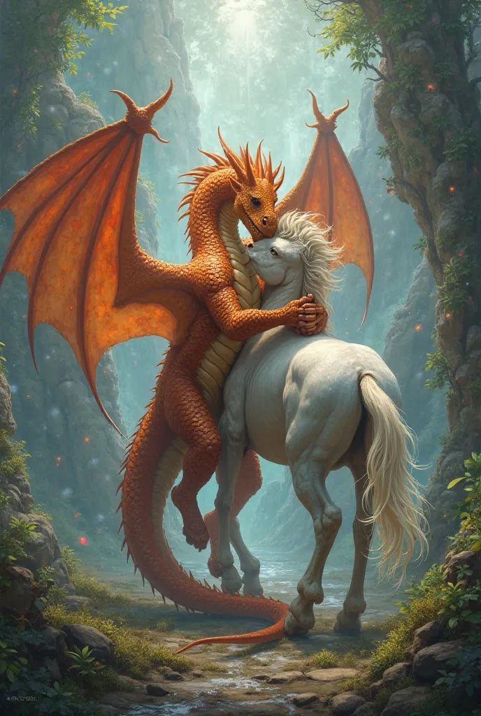 Generate an image for me of a dragon that embraces a horse with love 