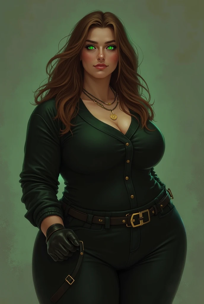 woman, brown long hair, green glow eyes, plus size, wears black clothes, controls all elements, avatar style