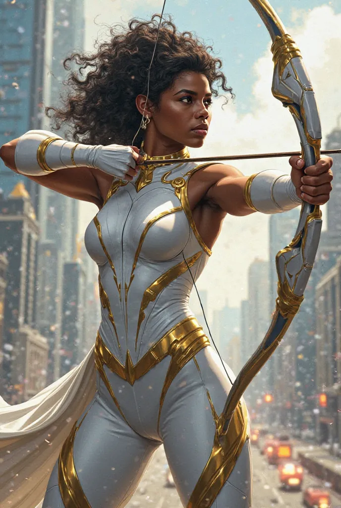 African-American female super heroine. White Tabarro costume. Archer